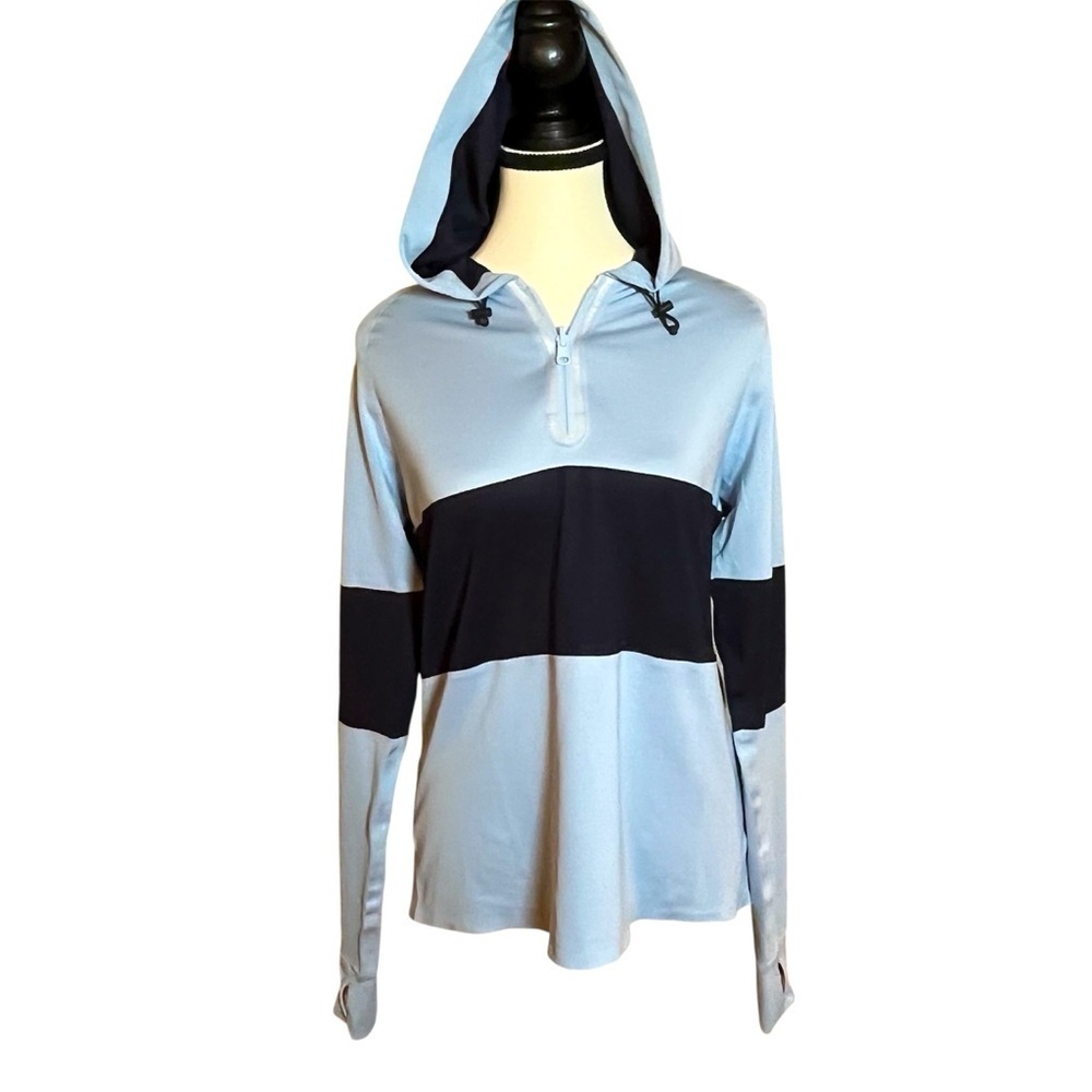 Tory Sport by Tory Burch 1/4 Zip Pullover Size M Blue Hooded Athletic Athleisure